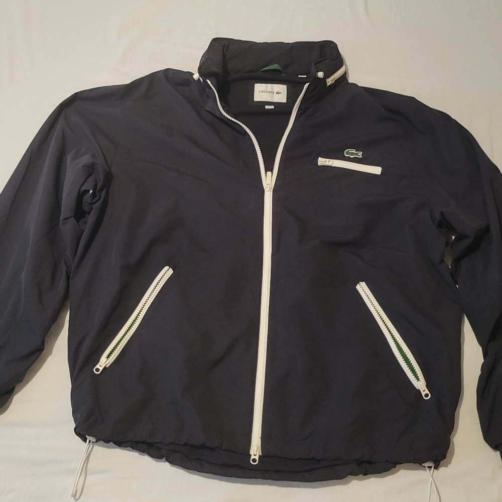 Lacoste Mens WindBreaker  Navy Blue and White Size Large with Hoodie Compartment